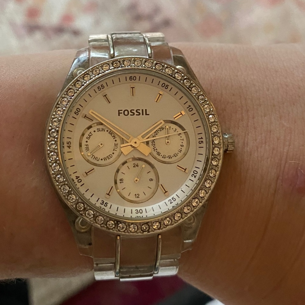 Fossil watch, stainless steel, clear and cz
